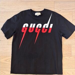 Gucci Men’s Black Tee with Bold Red Design Size Medium